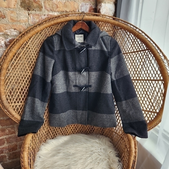 Old Navy Recycled Wool Grey Striped Hooded Coat - Picture 1 of 6